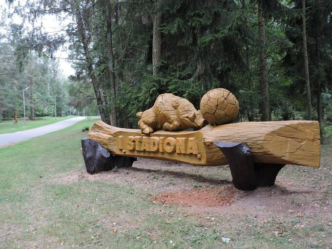 Vlado Šleivio ir Kęstučio Urbaičio išskaptuota rodyklė „Į stadioną“. Gražvydo Balčiūnaičio nuotrauka, 2018 m.